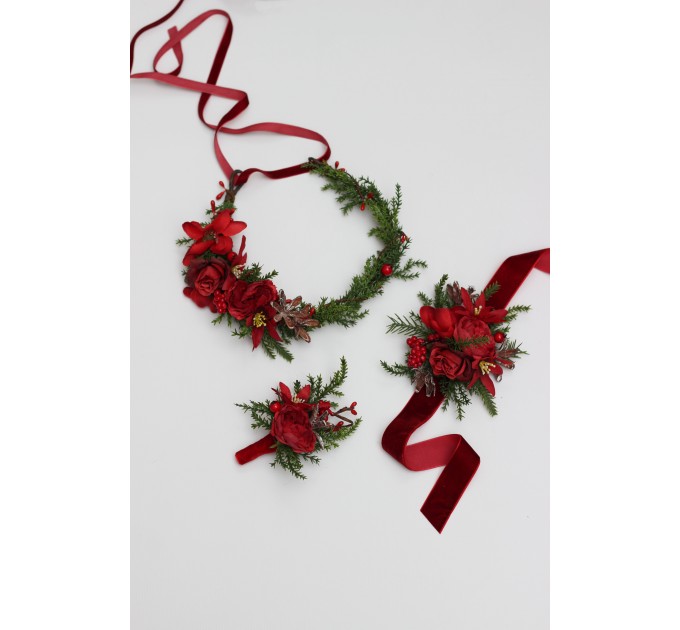 Winter Pine Flower Crown – Red & Green Christmas Hair Wreath