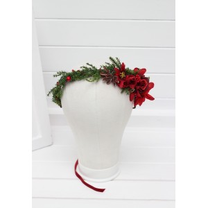Winter pine flower crown. Cristmas hair wreath. Flower girl crown in red and green colors. Wedding flowers. 5438