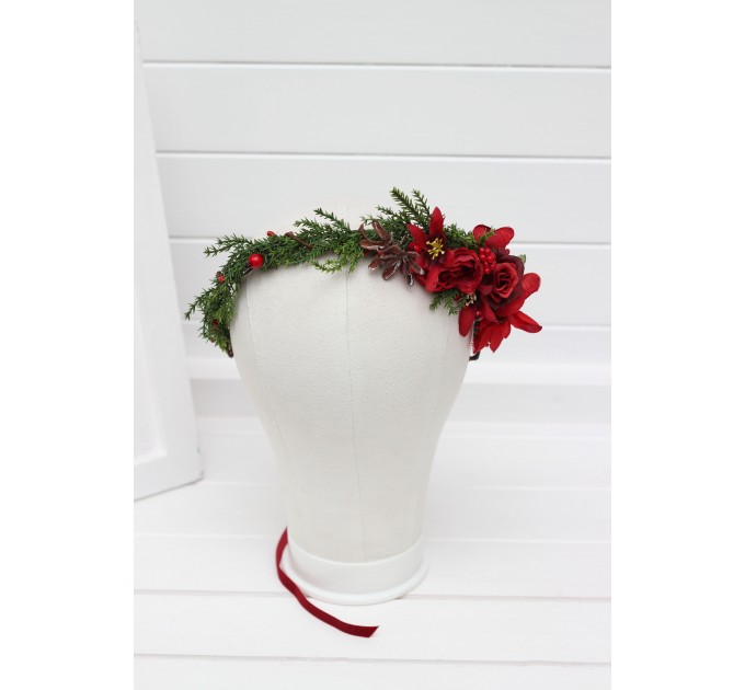 Winter Pine Flower Crown – Red & Green Christmas Hair Wreath