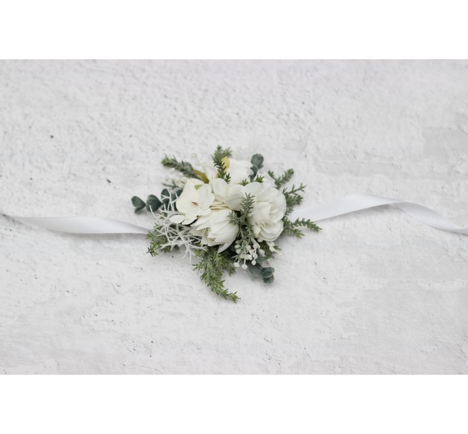 White Winter Wedding Corsage – Elegant Faux Floral Bracelet