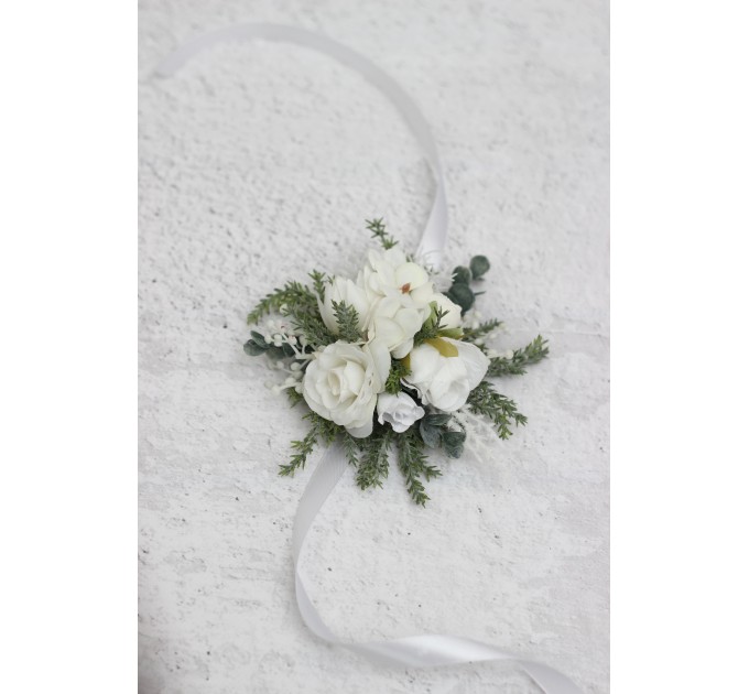 White Winter Wedding Corsage – Elegant Faux Floral Bracelet