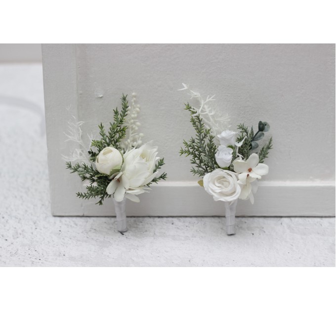White Winter Wedding Boutonnieres – Elegant Faux Floral Accessories