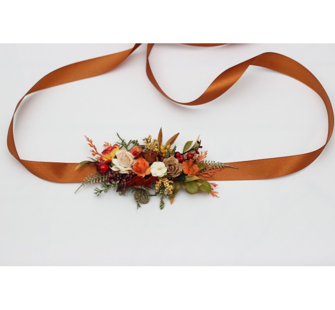 Rust, Brown, Red & Ivory Flower Belt with Berries – Fall Wedding Floral Sash