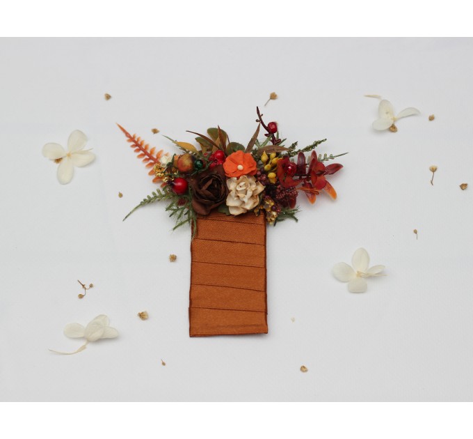 Rust, Brown, Red & Ivory Pocket Boutonniere with Berries – Faux Square Floral Accessory