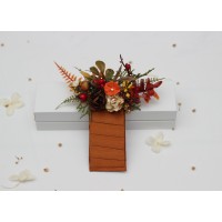 Rust brown red orange ivory pocket boutonniere with berries. Square flowers. 5437