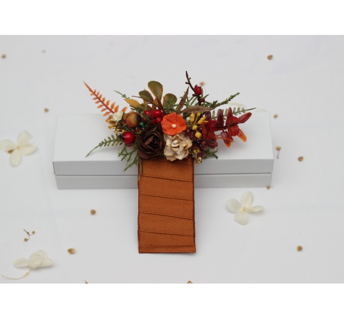Rust, Brown, Red & Ivory Pocket Boutonniere with Berries – Faux Square Floral Accessory