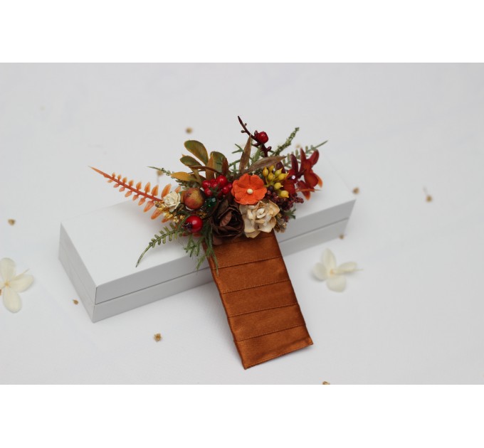Rust, Brown, Red & Ivory Pocket Boutonniere with Berries – Faux Square Floral Accessory