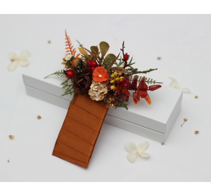 Rust, Brown, Red & Ivory Pocket Boutonniere with Berries – Faux Square Floral Accessory