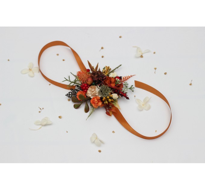 Rust, Brown, Red & Ivory Wrist Corsage with Berries – Fall Wedding Floral Bracelet