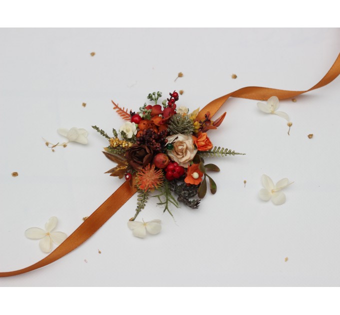 Rust, Brown, Red & Ivory Wrist Corsage with Berries – Fall Wedding Floral Bracelet