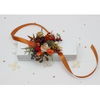  Wedding  wrist corsage  in rust brown red orange ivory with berries. Mother bracelet. Flower accessories. 5437