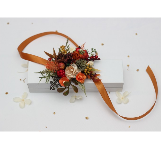Rust, Brown, Red & Ivory Wrist Corsage with Berries – Fall Wedding Floral Bracelet