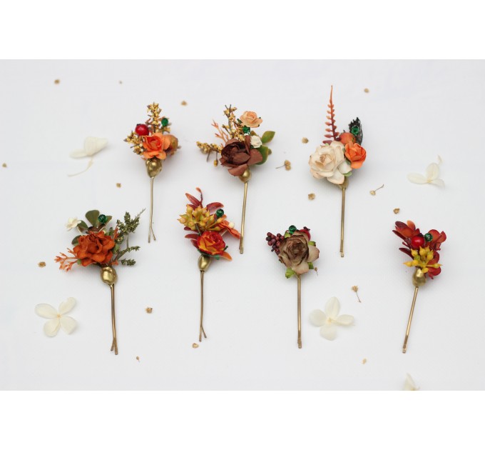Rust, Brown, Red & Ivory Hair Pins with Berries – Set of 7 Faux Floral Wedding Accessories