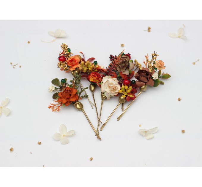 Rust, Brown, Red & Ivory Hair Pins with Berries – Set of 7 Faux Floral Wedding Accessories