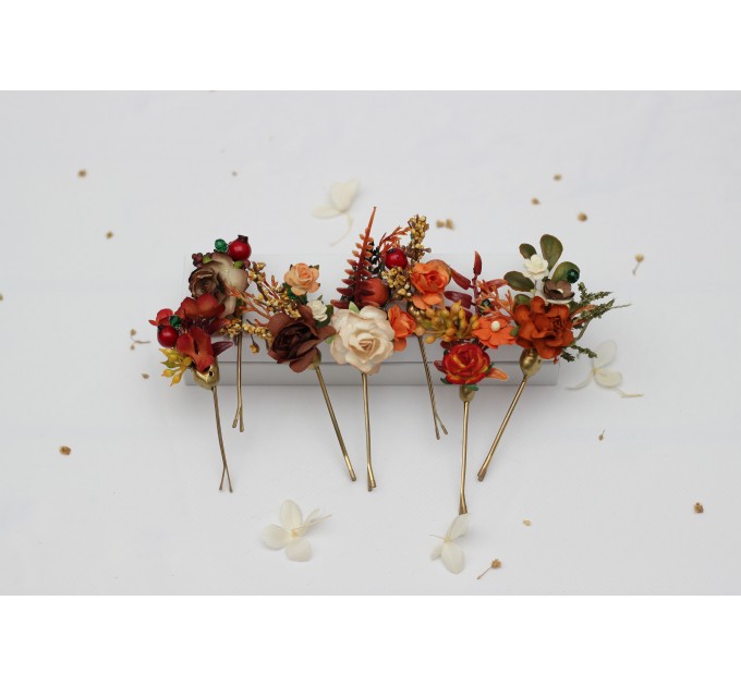 Rust, Brown, Red & Ivory Hair Pins with Berries – Set of 7 Faux Floral Wedding Accessories