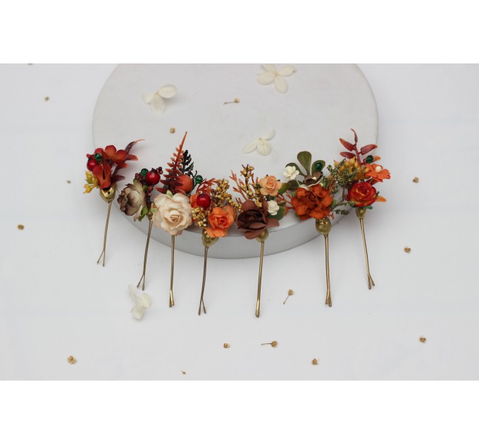Rust, Brown, Red & Ivory Hair Pins with Berries – Set of 7 Faux Floral Wedding Accessories