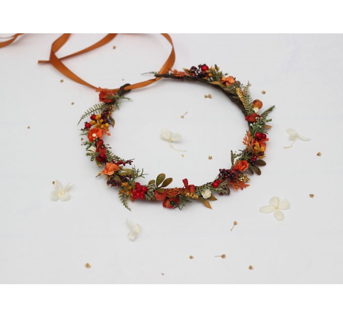 Rust, Brown, Red & Ivory Flower Crown with Berries – Autumn Wedding Hair Wreath
