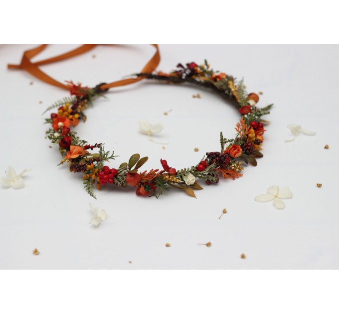 Rust, Brown, Red & Ivory Flower Crown with Berries – Autumn Wedding Hair Wreath
