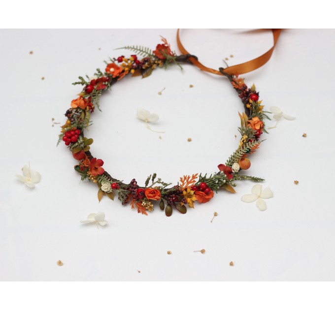 Rust, Brown, Red & Ivory Flower Crown with Berries – Autumn Wedding Hair Wreath