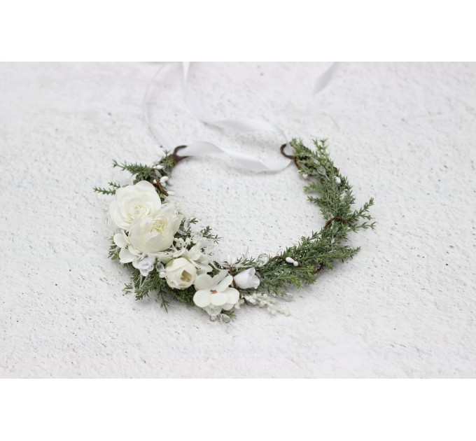 White Flower Crown – Winter Faux Floral Hair Wreath for Wedding
