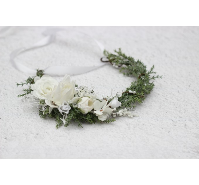White Flower Crown – Winter Faux Floral Hair Wreath for Wedding