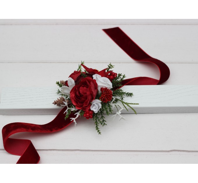 Red & White Winter Wrist Corsage – Elegant Faux Floral Bracelet