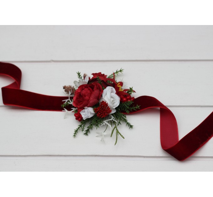 Red & White Winter Wrist Corsage – Elegant Faux Floral Bracelet