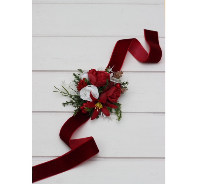 Red & White Winter Wrist Corsage – Elegant Faux Floral Bracelet