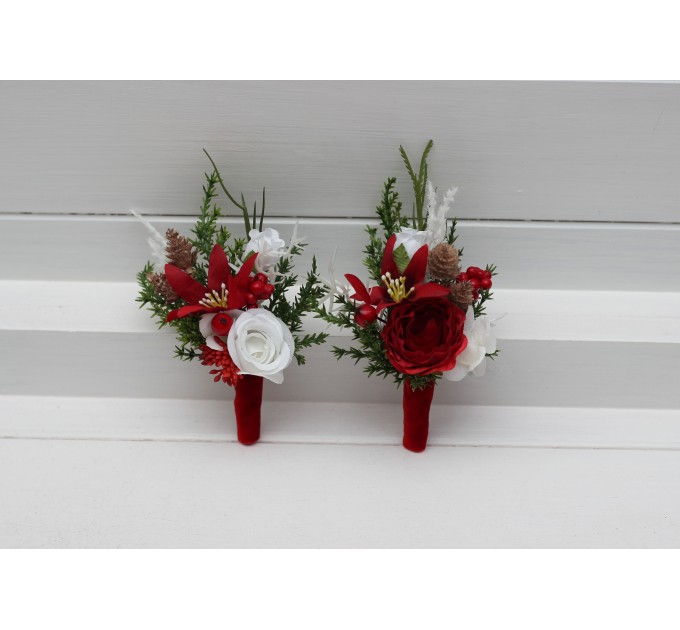 Red & White Winter Wedding Boutonnieres – Elegant Faux Floral Accessories