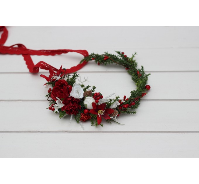 Red & White Flower Crown – Winter Faux Floral Headband for Wedding
