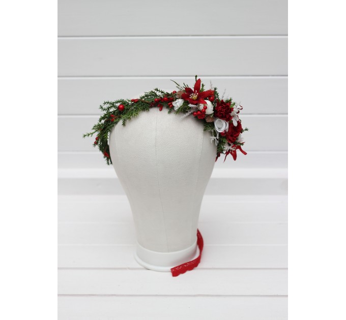 Red & White Flower Crown – Winter Faux Floral Headband for Wedding