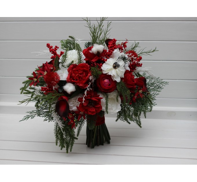 Classic Red & White Bridal Bouquet – Winter Wedding Faux Flowers