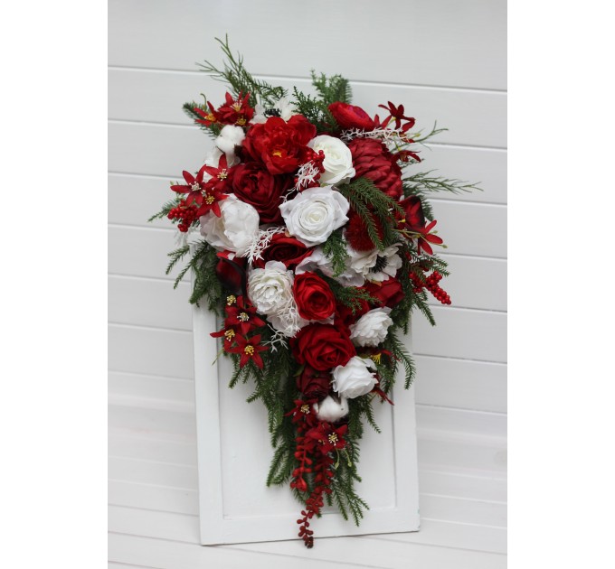 Red & White Cascading Bridal Bouquet – Winter Wedding Faux Flowers