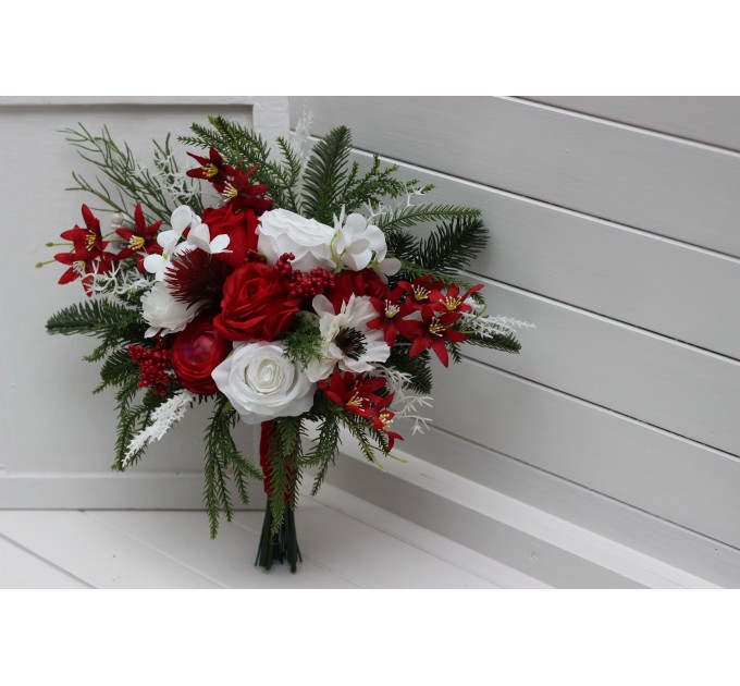 Classic Red & White Bridal Bouquet – Winter Wedding Faux Flowers