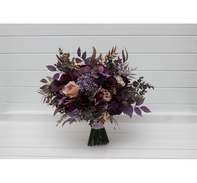 Purple, Lilac, Gold & Beige Bridal Bouquet – Elegant Faux Wedding Flowers