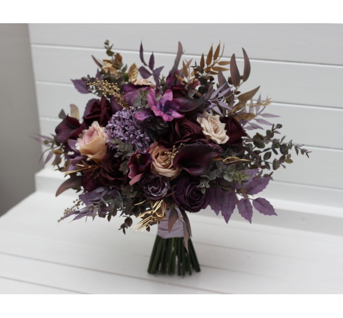 Purple, Lilac, Gold & Beige Bridal Bouquet – Elegant Faux Wedding Flowers