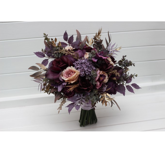 Purple, Lilac, Gold & Beige Bridal Bouquet – Elegant Faux Wedding Flowers