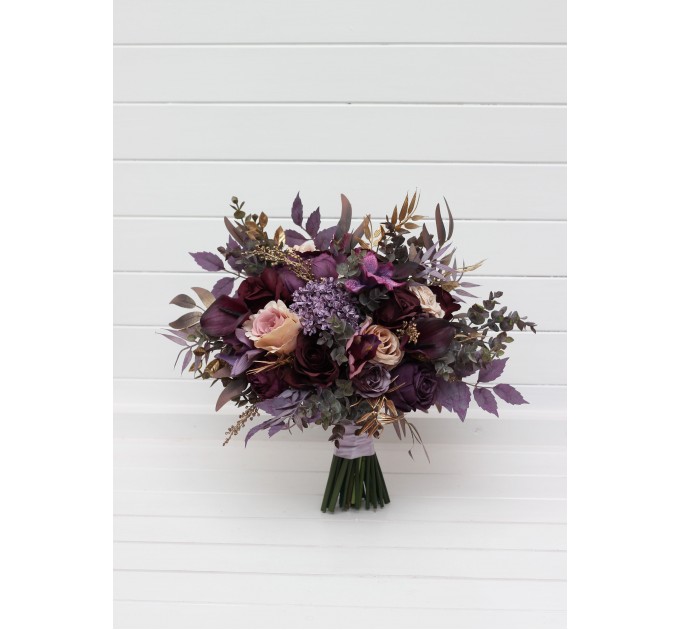 Purple, Lilac, Gold & Beige Bridal Bouquet – Elegant Faux Wedding Flowers