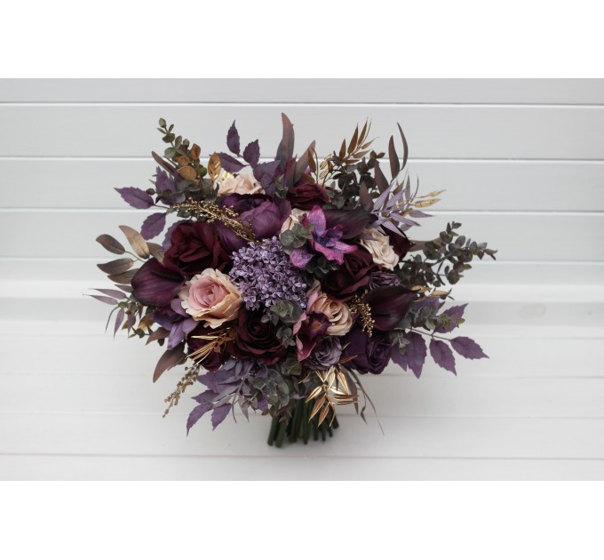 Purple, Lilac, Gold & Beige Bridal Bouquet – Elegant Faux Wedding Flowers