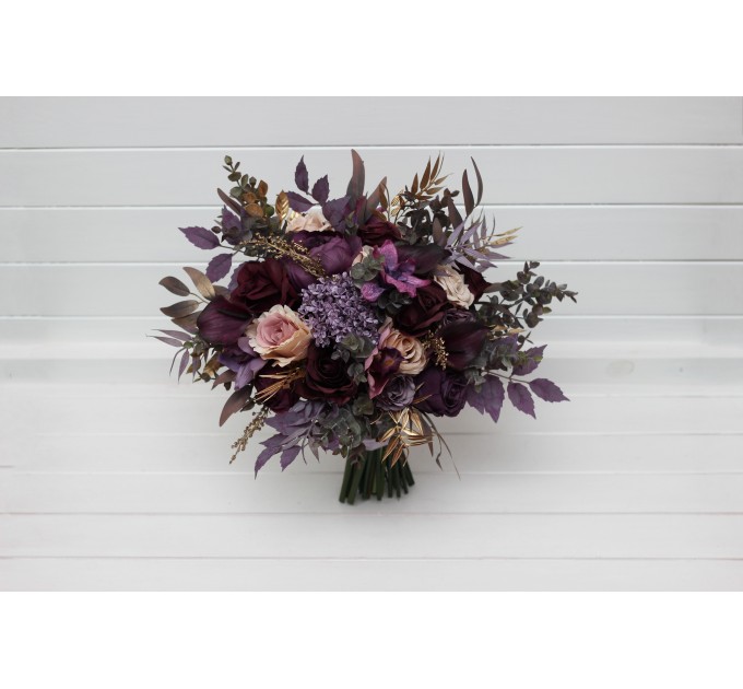 Purple, Lilac, Gold & Beige Bridal Bouquet – Elegant Faux Wedding Flowers
