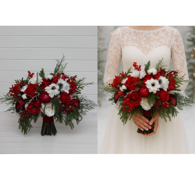 Classic Red & White Bridal Bouquet – Winter Wedding Faux Flowers