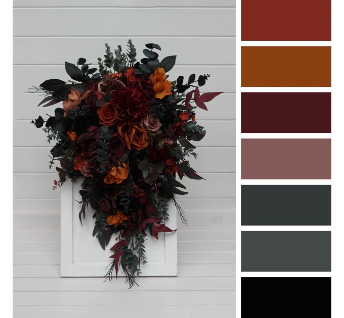 Burgundy, Black, Rust & Dusty Rose Cascading Bouquet – Moody Faux Wedding Flowers
