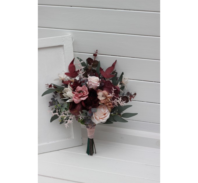 Wedding Bouquets in Burgundy, Dusty Rose & Blush Pink | Faux Bridal & Bridesmaid Cascading Bouquets