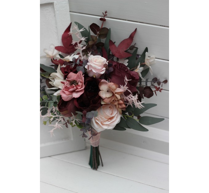 Wedding Bouquets in Burgundy, Dusty Rose & Blush Pink | Faux Bridal & Bridesmaid Cascading Bouquets