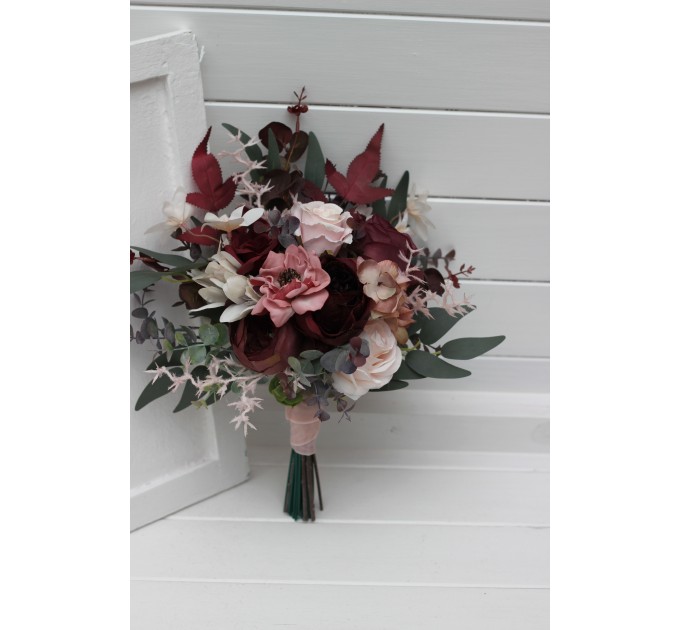 Cascading Wedding Bouquet – Faux Bridal Flowers in Burgundy, Dusty Rose & Blush Pink