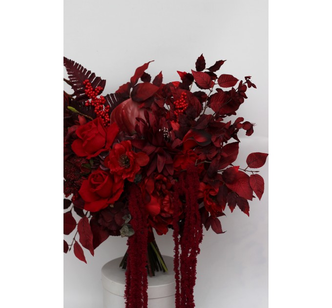 Red & Burgundy Dramatic Bridal Bouquet – Moody Faux Wedding Flowers