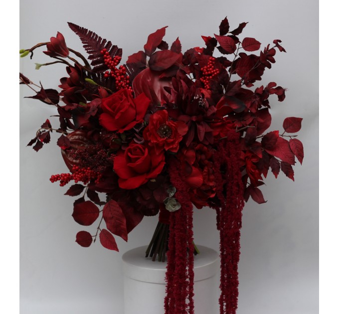 Red & Burgundy Dramatic Bridal Bouquet – Moody Faux Wedding Flowers