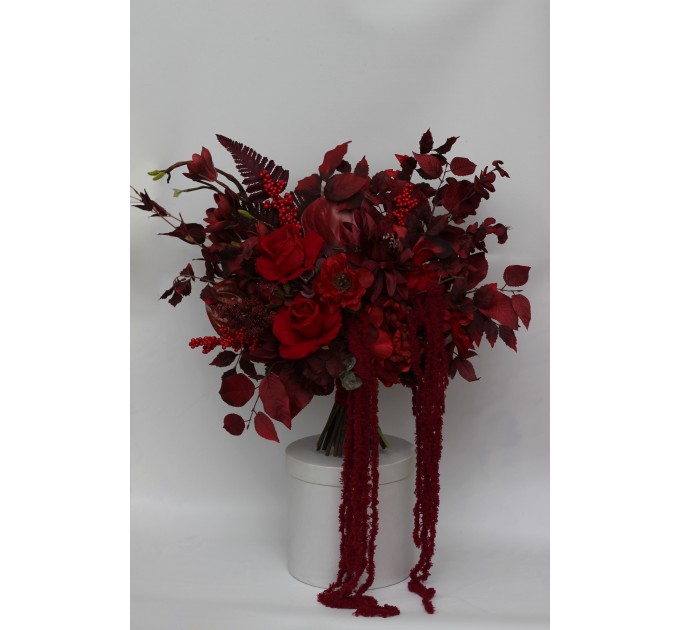 Red & Burgundy Dramatic Bridal Bouquet – Moody Faux Wedding Flowers