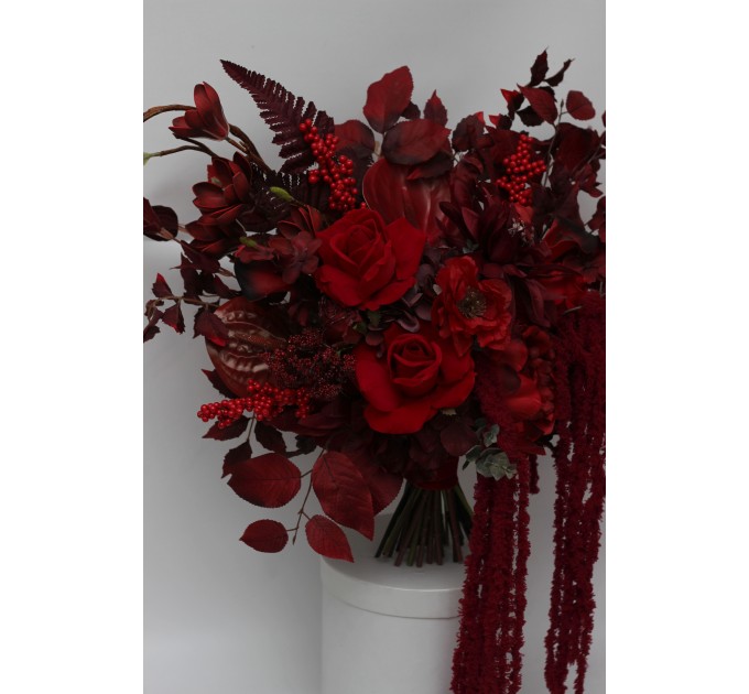 Red & Burgundy Dramatic Bridal Bouquet – Moody Faux Wedding Flowers