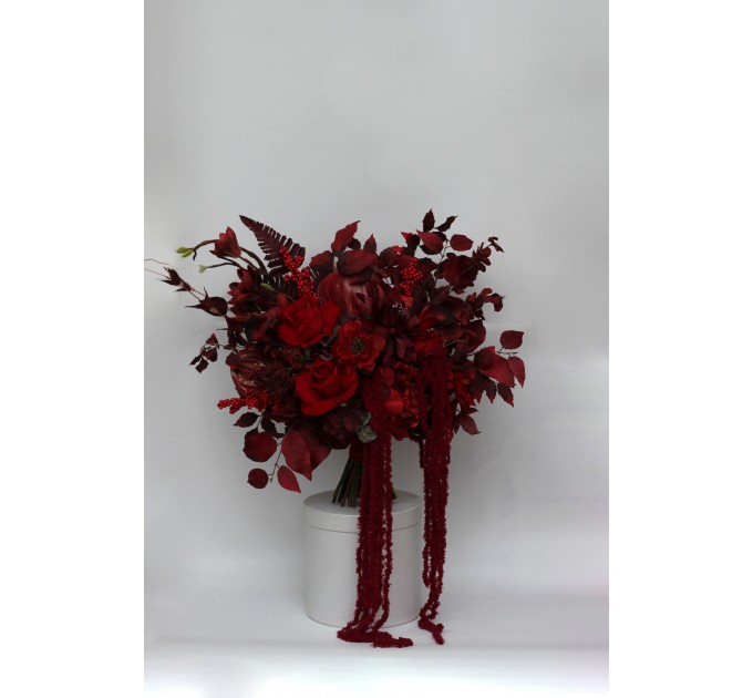 Red & Burgundy Dramatic Bridal Bouquet – Moody Faux Wedding Flowers